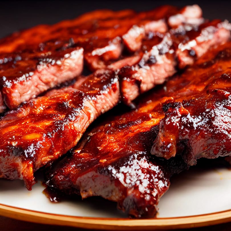 Close-up of Alice's Bar-B-Que ribs, glistening with dark, rich BBQ sauce on a white plate.