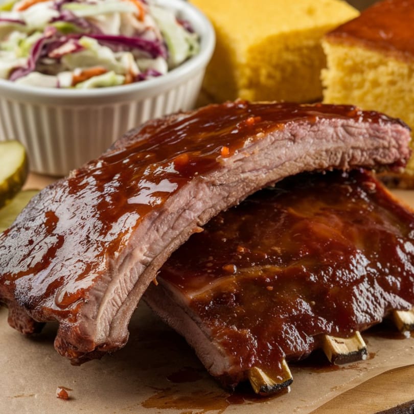 Two racks of Alice's Bar-B-Que ribs covered in sauce, with coleslaw and cornbread.