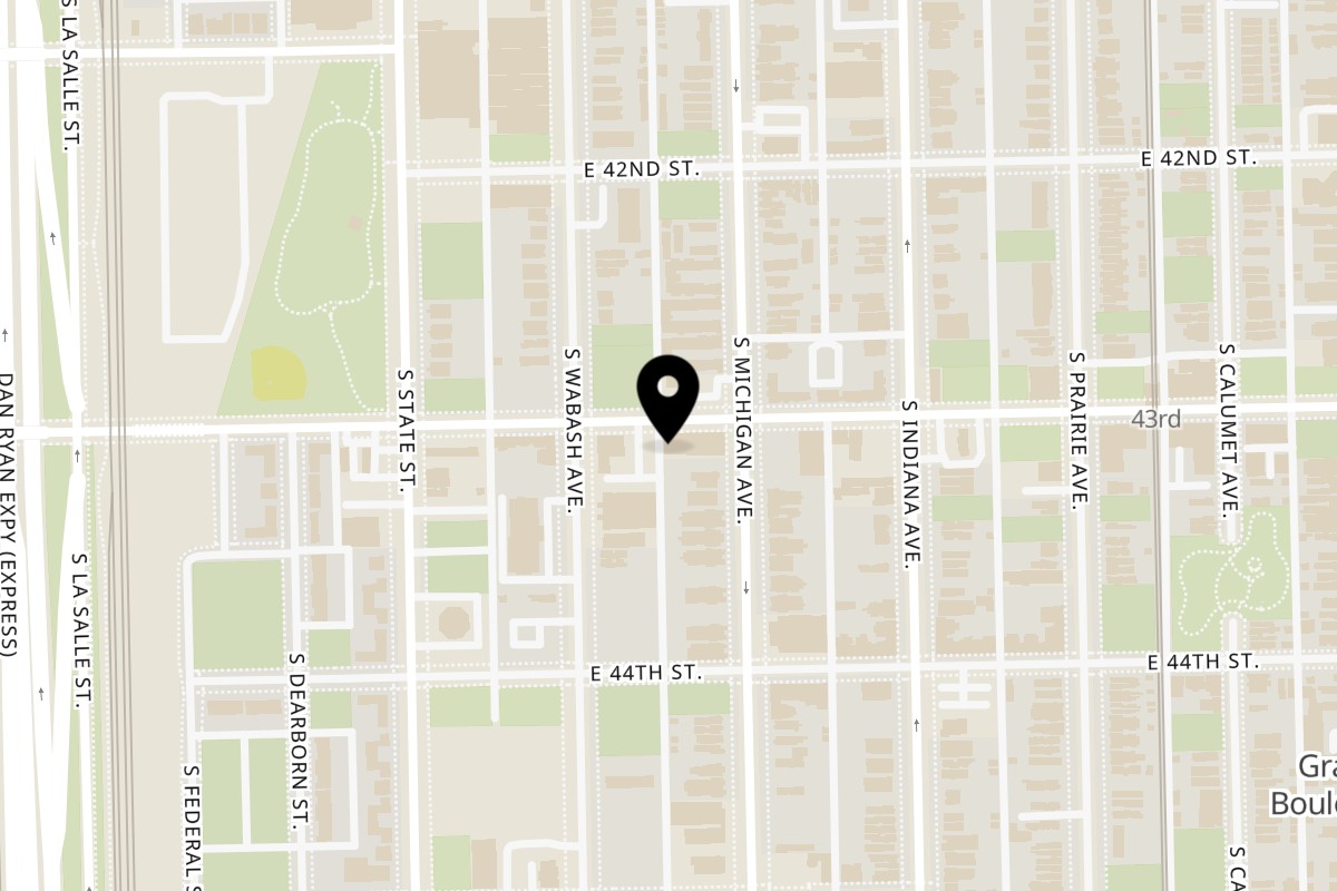 Map showing the location of Alice's Bar-B-Que LLC on 65 East 43rd Street in Chicago